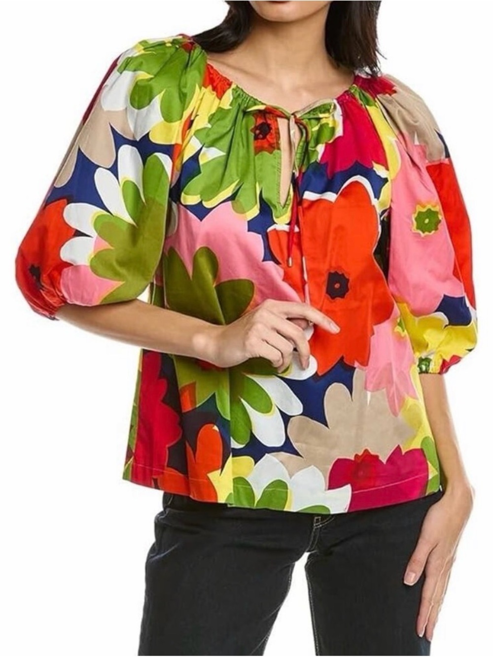 Trina Turk Las Palmas Bold Floral Peasant Top with Puff Sleeve